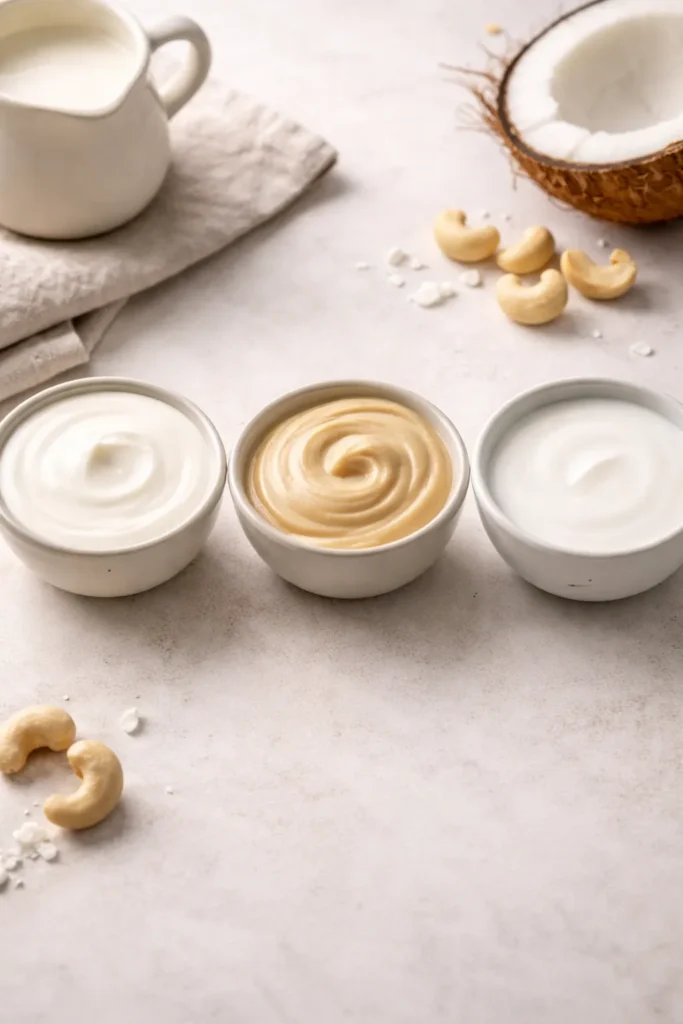 Three bowls of cream, cashew paste, and coconut milk on a neutral surface