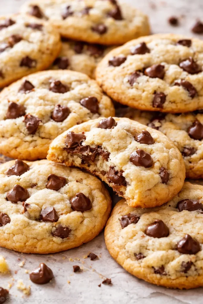 Soft, chewy cream cheese chocolate chip cookies on a neutral surface