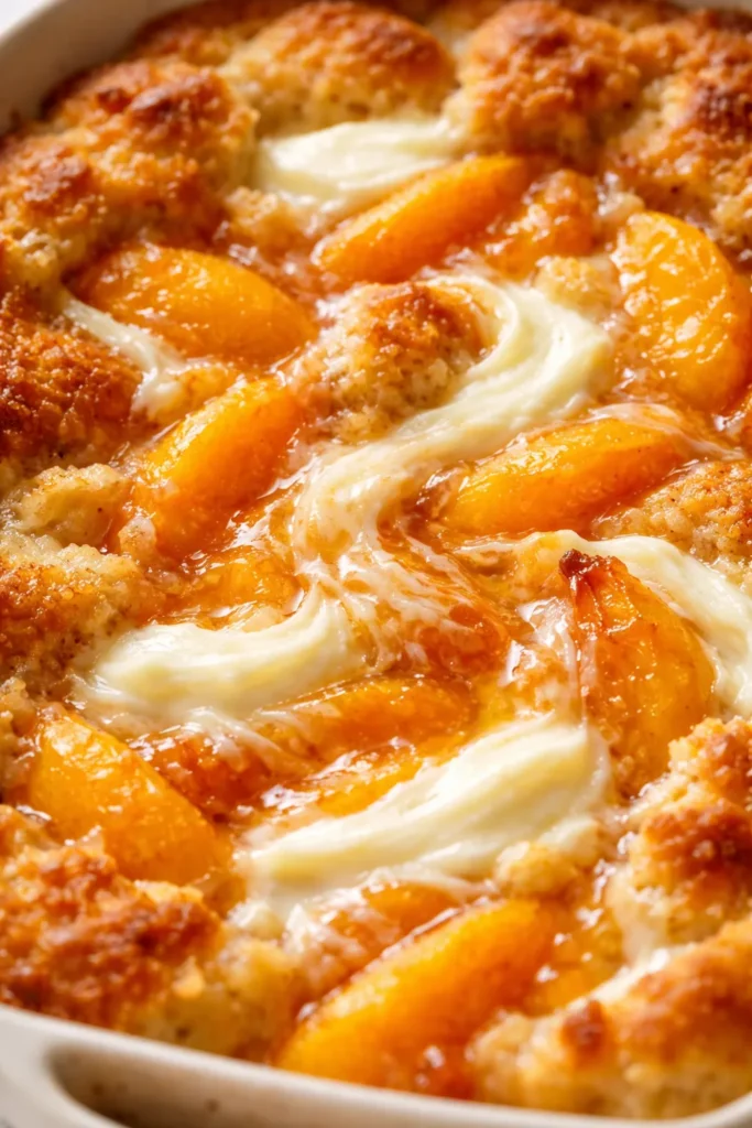 Creamy peach cobbler with visible swirls of sweetened cream cheese throughout
