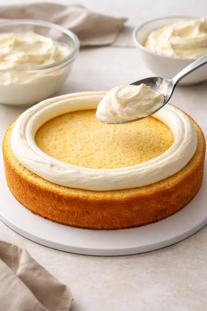 Close-up of a cake layer with a buttercream dam and center cream cheese filling for assembly