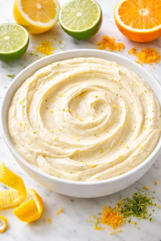 Citrus-infused cream cheese filling with visible zest in a white bowl