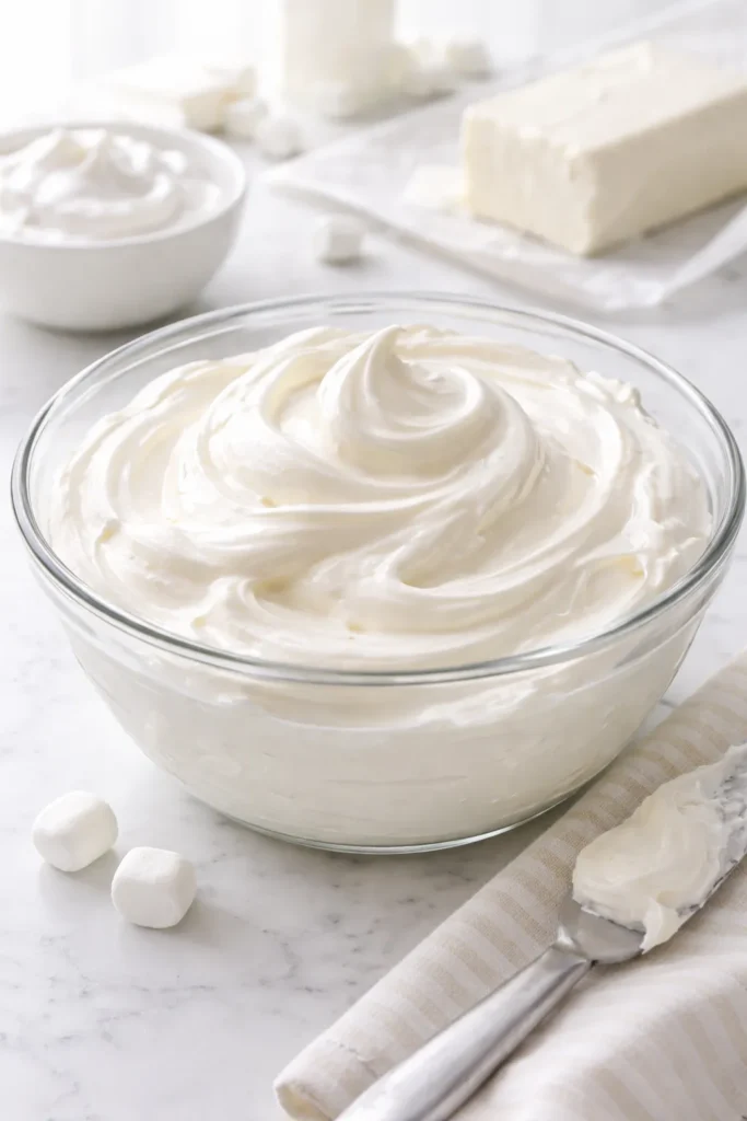 Fluffy marshmallow fluff and cream cheese filling in a glass bowl