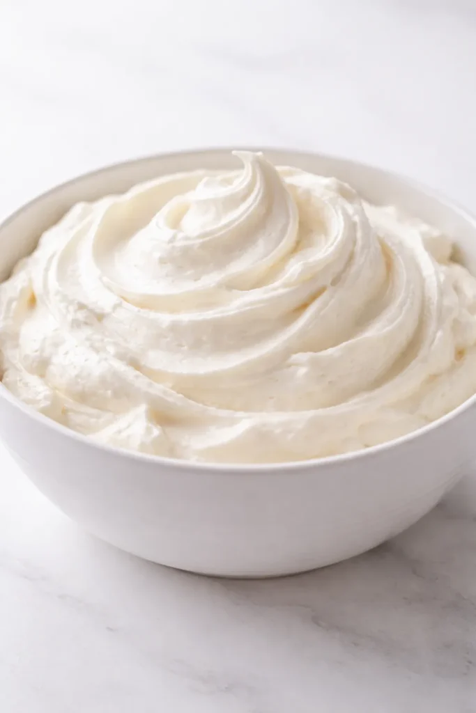 Close-up of fluffy whipped cream cheese filling in a white bowl