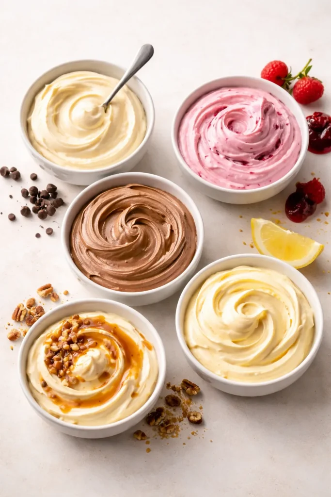 Row of five bowls with different cream cheese fillings on a neutral surface