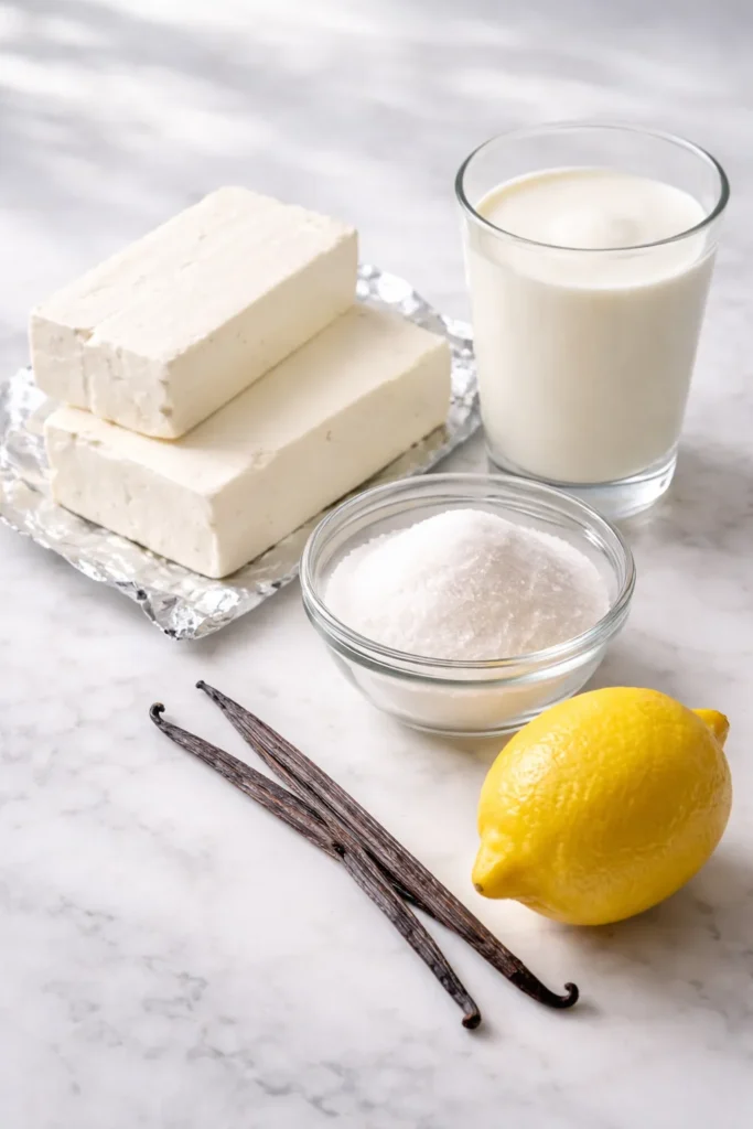 Blocks of cream cheese, sugar, heavy cream, lemon and vanilla bean on marble surface