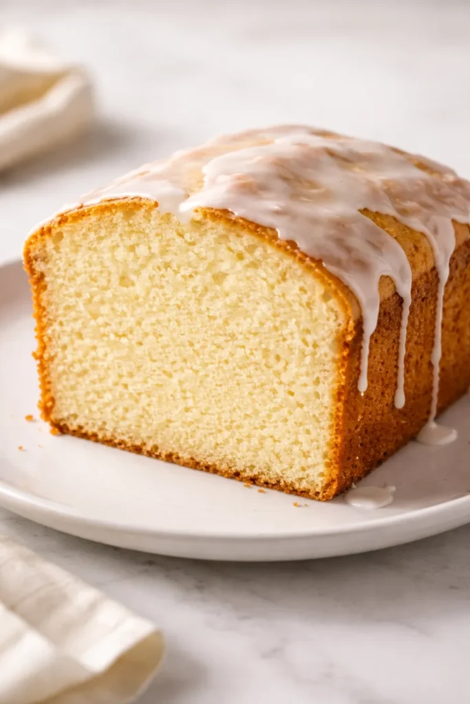 Slice of cream cheese pound cake with light glaze on a plate