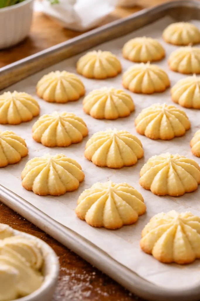 Close-up of delicate cream cheese spritz cookies on parchment