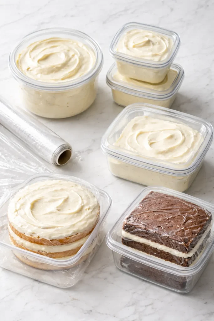 Clear airtight containers storing cream cheese fillings on a clean kitchen counter