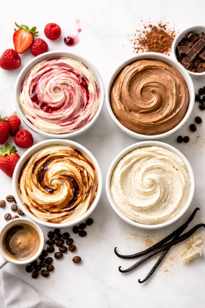 Four cream cheese filling variations with fruit, chocolate, coffee, and vanilla bean