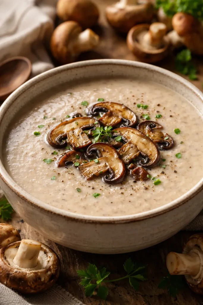 Cream of mushroom soup in a bowl topped with mushroom slices