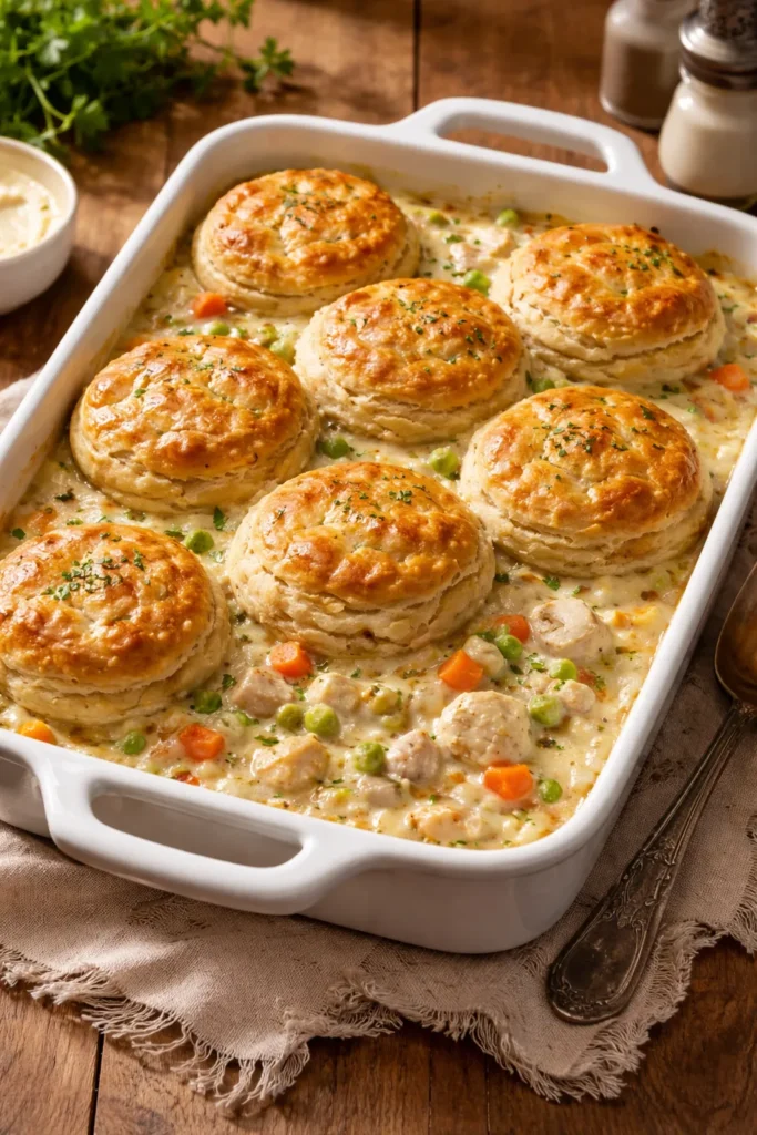 Creamy soup-based chicken with biscuits in a casserole