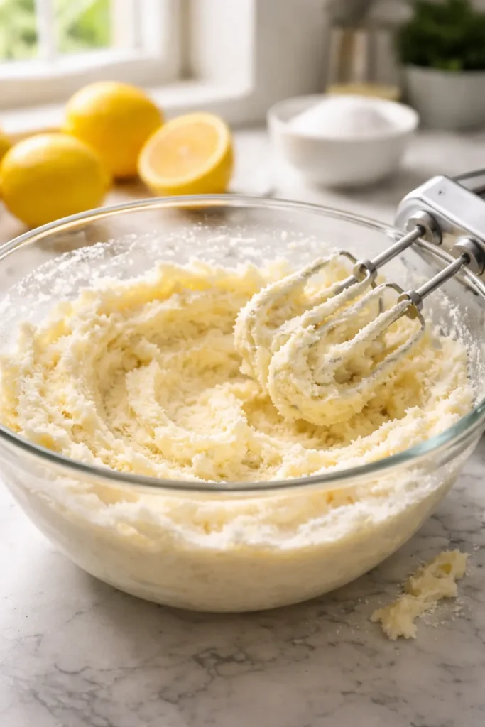 Close-up of creamed butter and sugar showing airy batter texture for perfect crumb