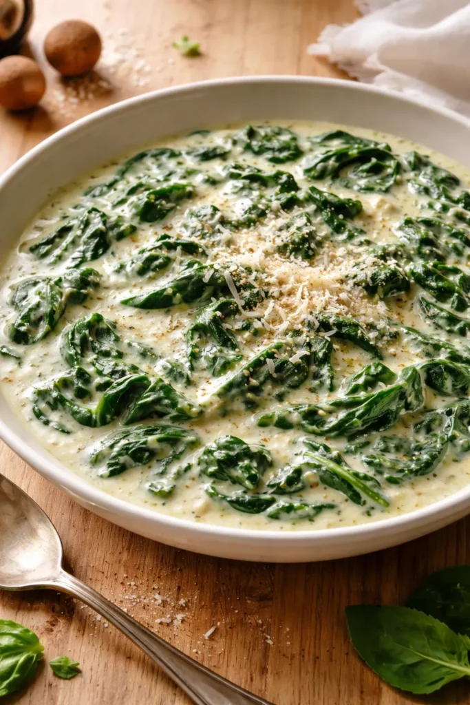 Silky creamed spinach with Parmesan shavings in a bowl