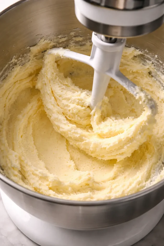 Butter and sugar creamed into pale airy mixture in mixer bowl