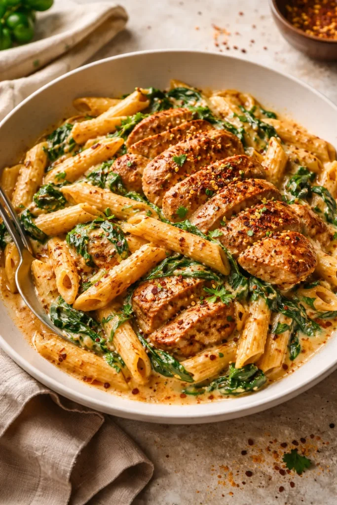 Plate of creamy Cajun chicken pasta with spinach and peppers