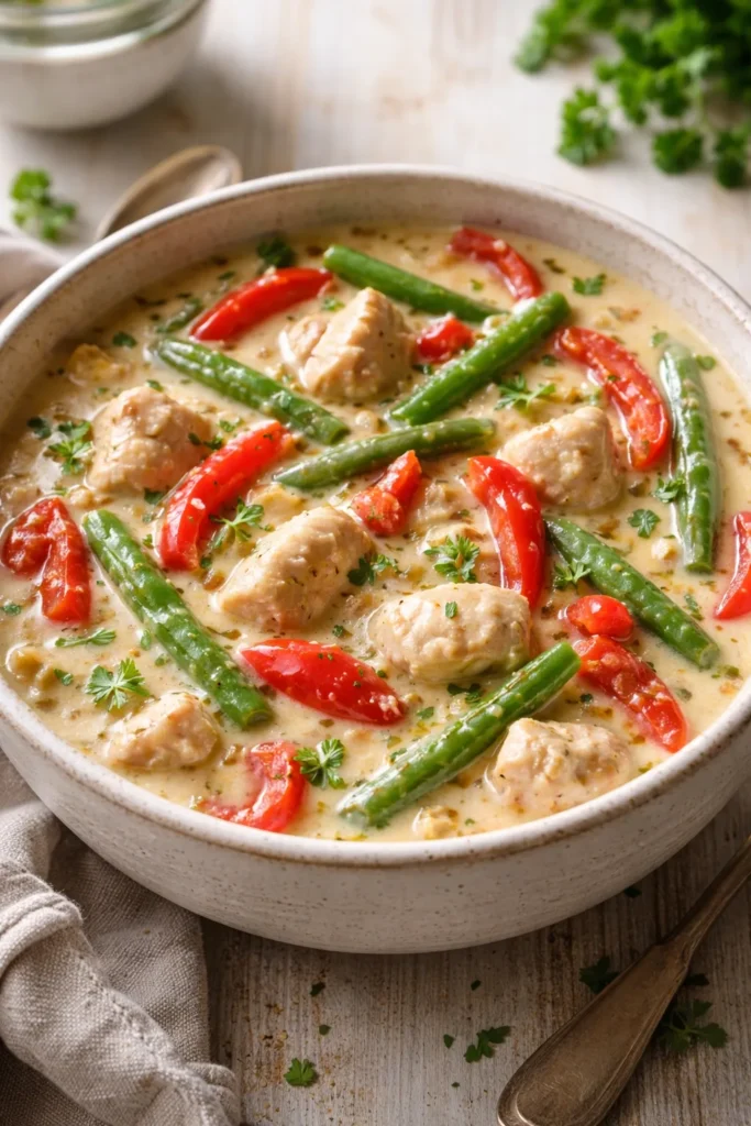Close-up of creamy chicken stew with red bell peppers and green beans in a rustic bowl