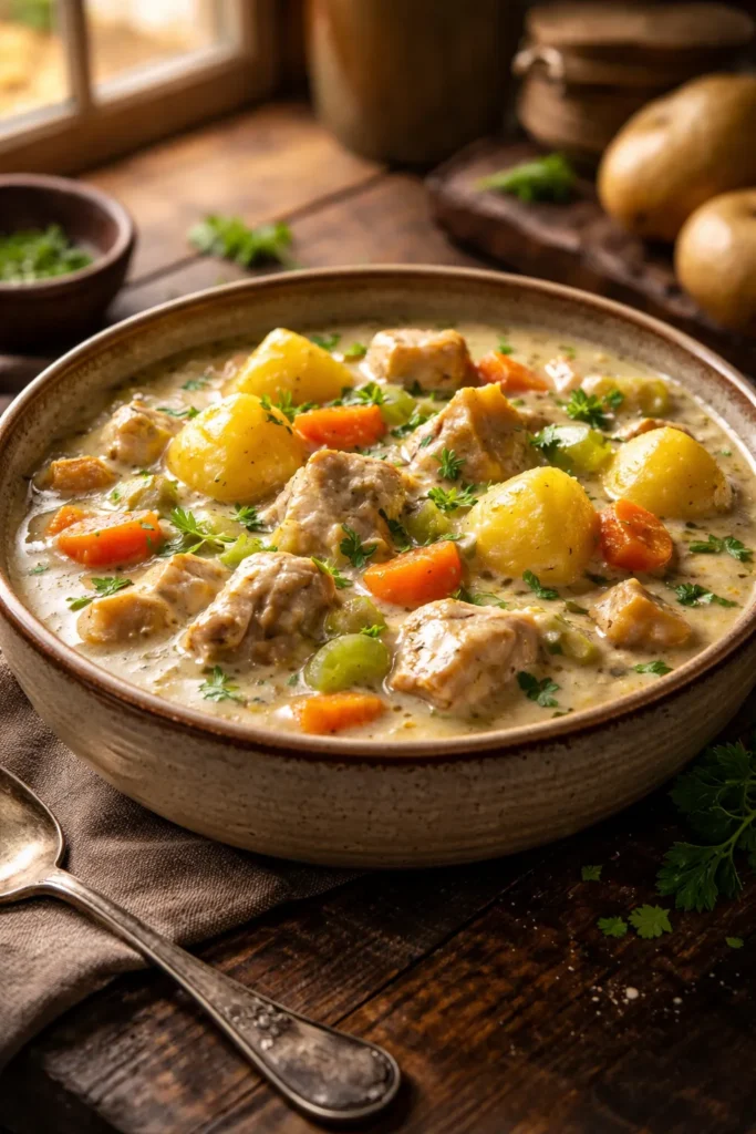 Close-up of creamy chicken stew with Yukon Gold potatoes in a bowl, steaming.