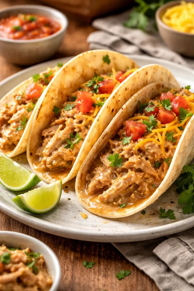 Shredded chicken in creamy sauce inside a tortilla