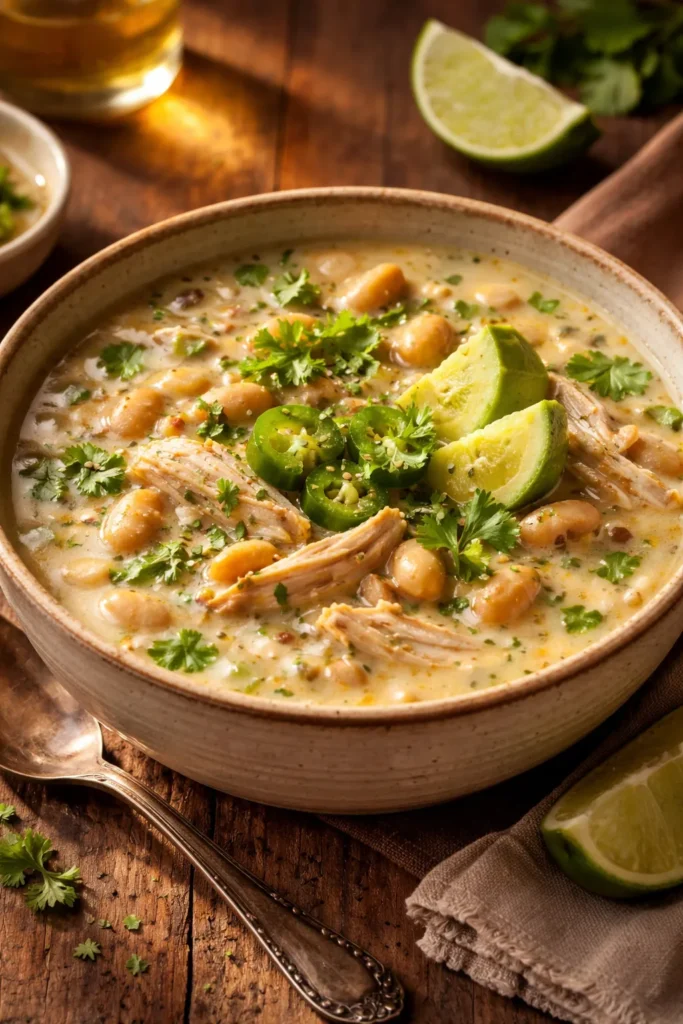 Bowl of creamy white chicken chili with white beans and shredded chicken garnished with lime and avocado.