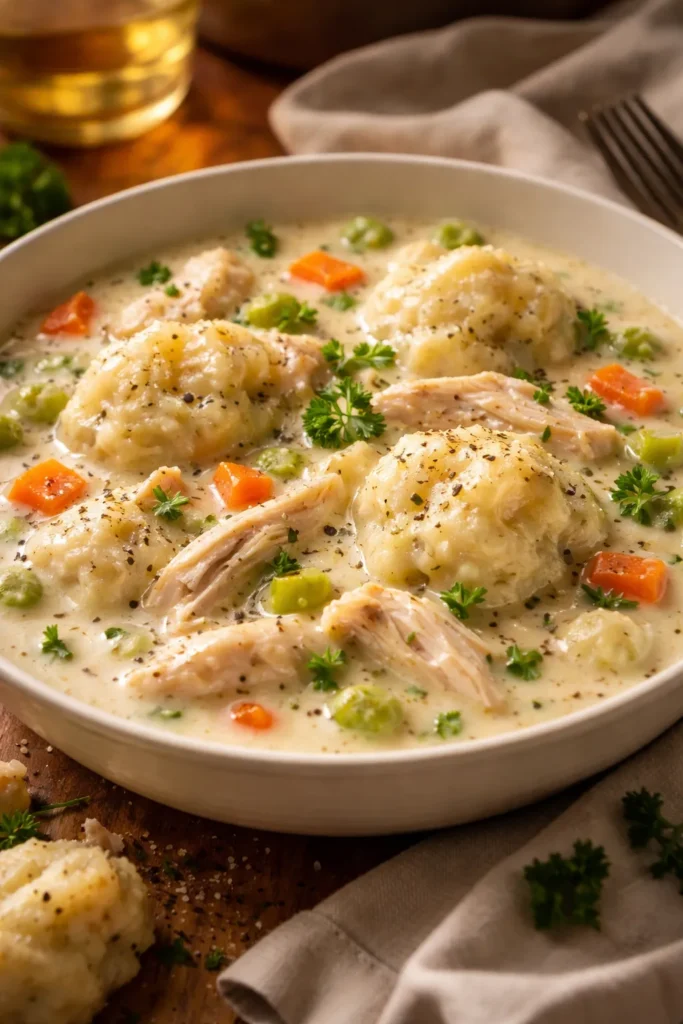 Creamy chicken and dumplings in a bowl with a velvety broth