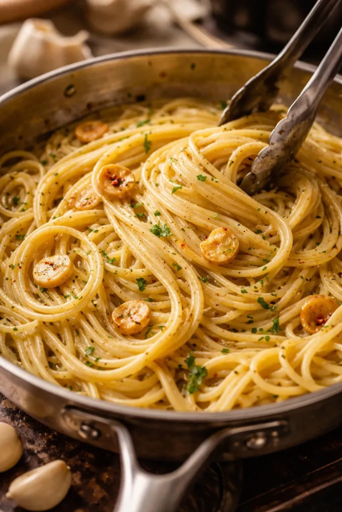 Creamy garlic pasta with glossy emulsion and golden garlic slices