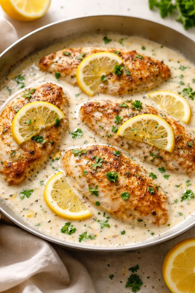 Creamy lemon chicken in a rich white sauce with fresh herbs and lemon slices