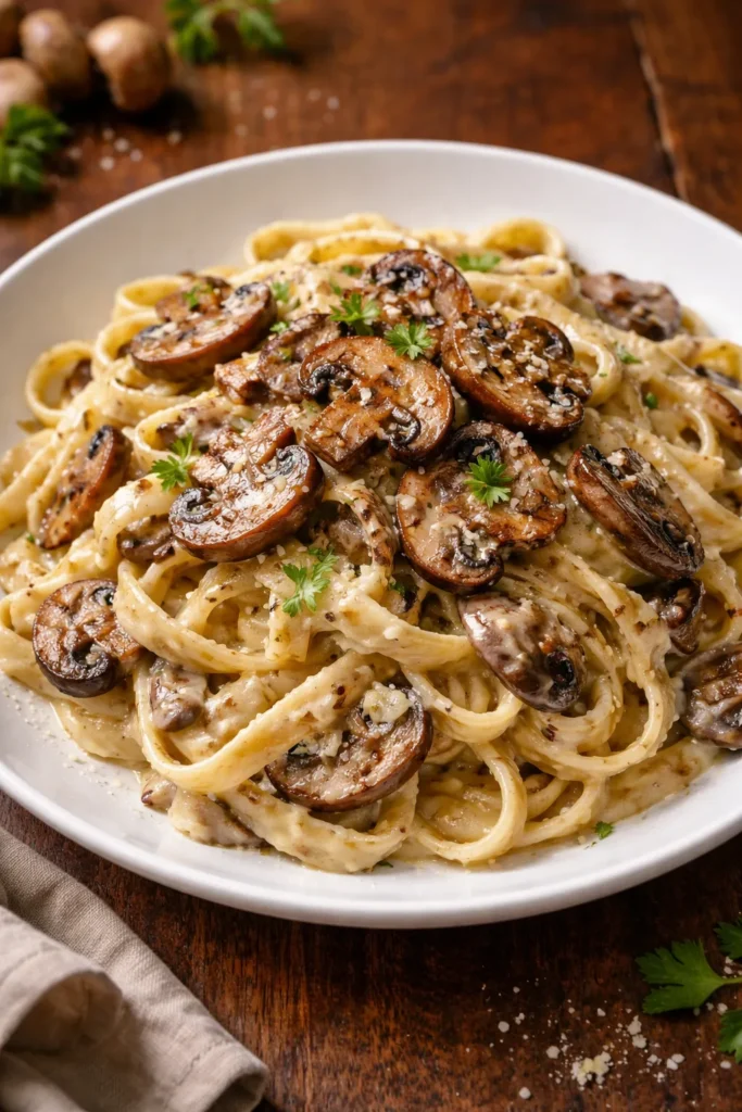 Close-up of creamy mushroom pasta with browned mushrooms on a plate