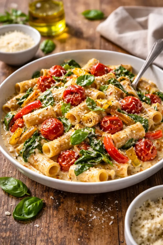 Creamy veggie pasta with roasted tomatoes and peppers in a bowl