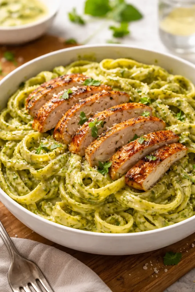 Pesto-coated pasta with sliced chicken