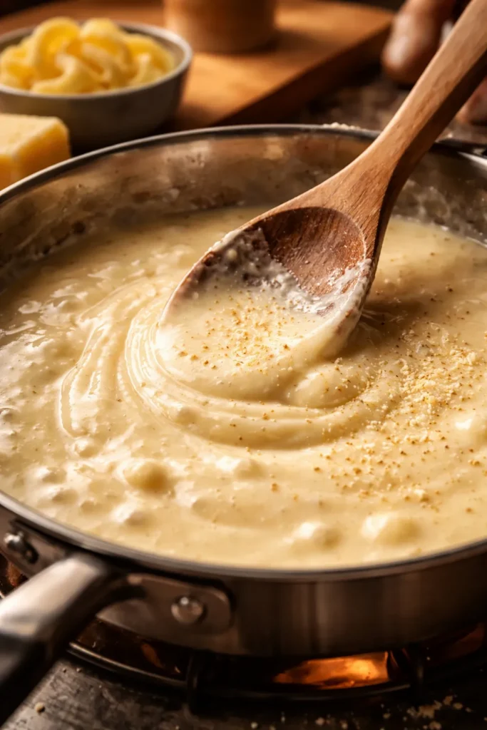 Close-up of silky emulsified cream sauce in a pan