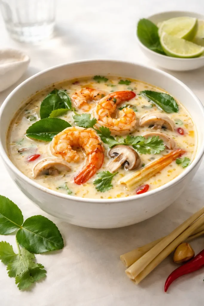 Creamy coconut Tom Yum with shrimp and mushrooms