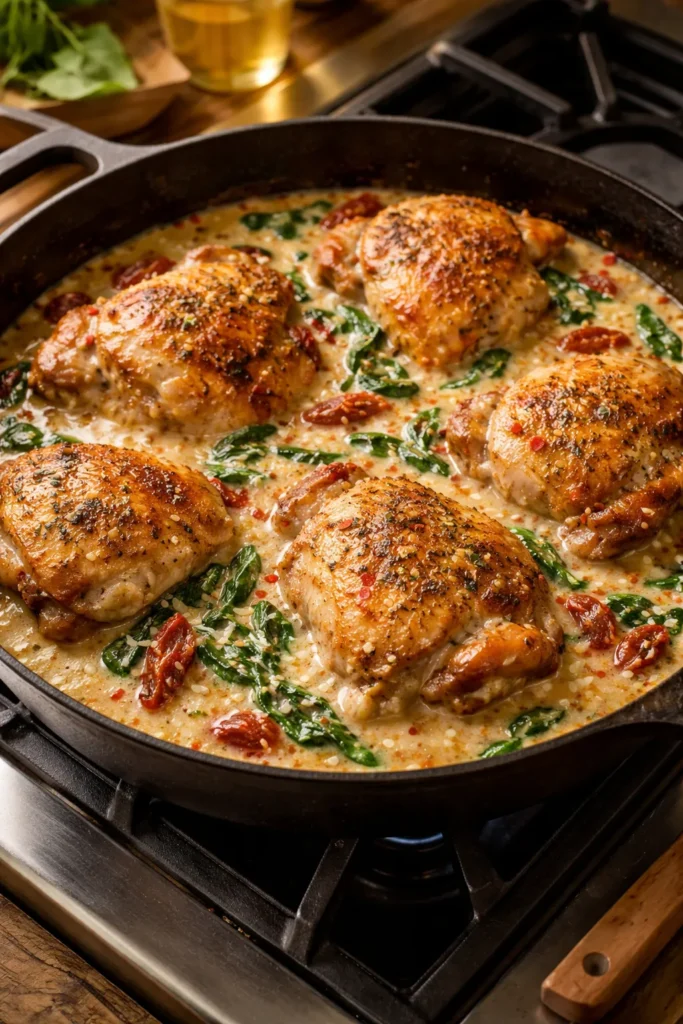 Skillet with creamy Tuscan chicken, sun-dried tomatoes and spinach