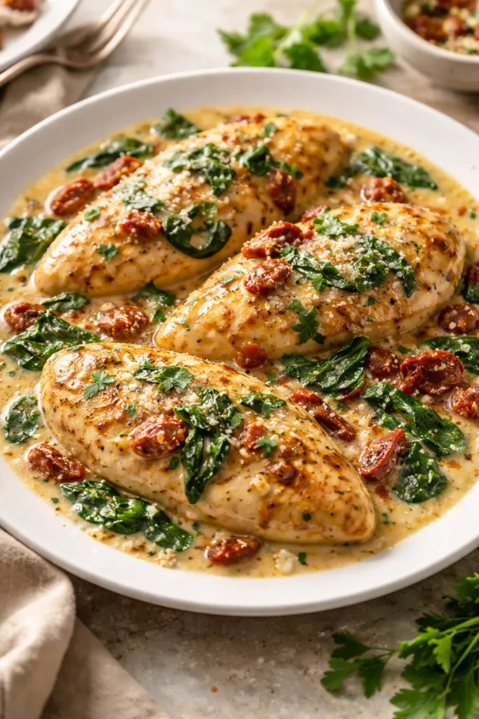 Creamy Tuscan Chicken with sun-dried tomatoes and spinach on a plate
