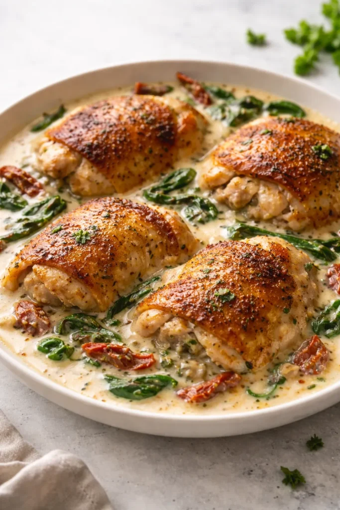 Crispy-skinned Tuscan garlic chicken thighs in creamy sauce with sun-dried tomatoes and spinach