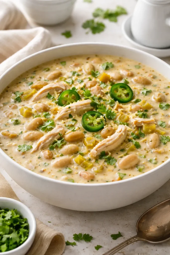 Creamy white chicken chili with shredded chicken and white beans in a pale broth.