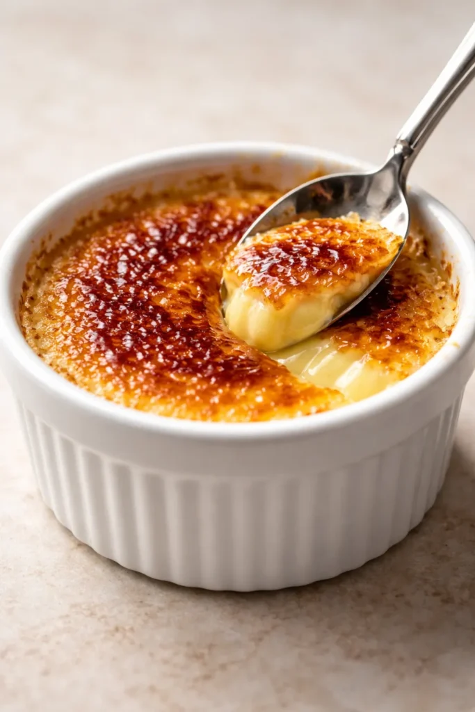 Close-up of crème brûlée ramekin with caramelized sugar crust