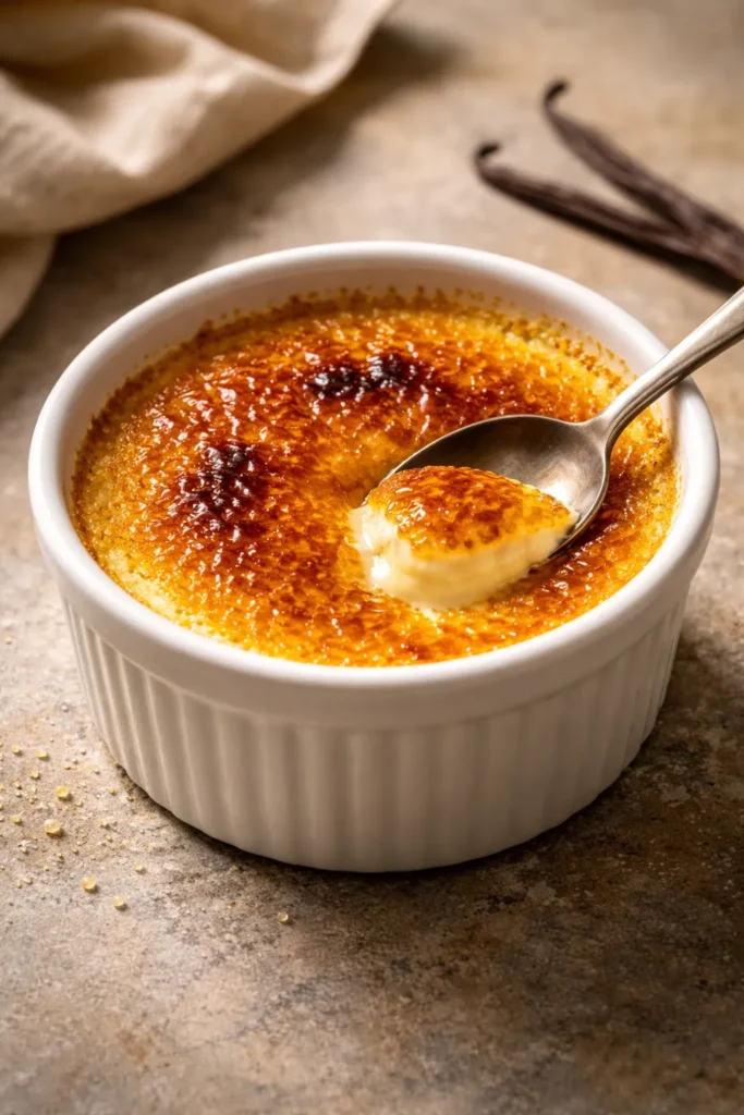 Crème brûlée custard with caramelized sugar crust in ramekin