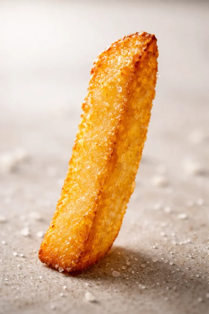 Close-up of a perfectly crisp fry showing golden texture.
