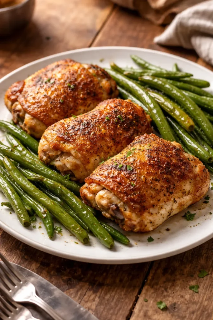 Crispy-skinned chicken thighs with green beans on a plate