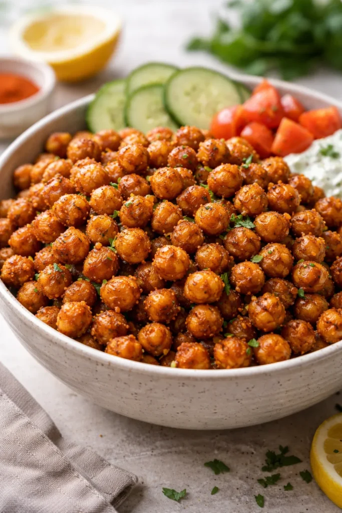 Close-up of crispy air-fried chickpeas in a bowl, seasoned with spices.