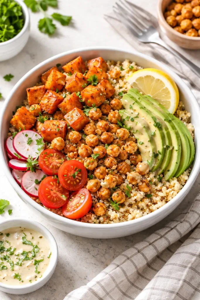 Bowl of crispy chickpeas and roasted sweet potato on grain base