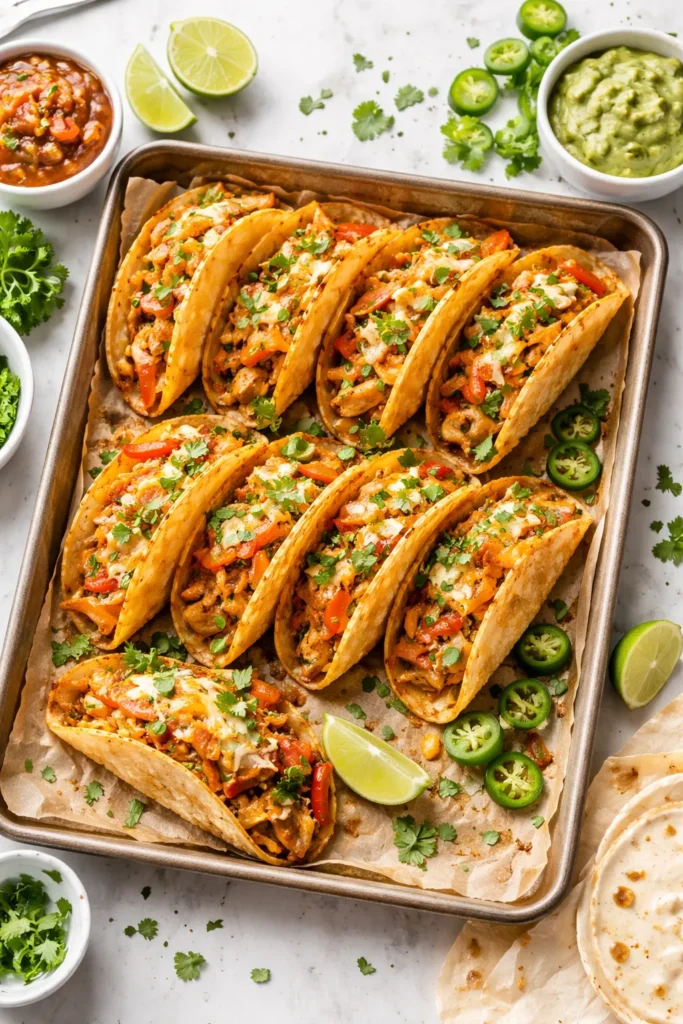 Crispy baked fajita tacos with filling visible
