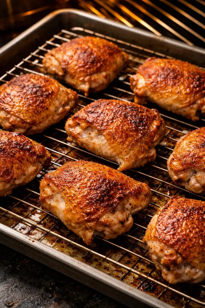 High-heat crispy chicken thighs with ultra-crisp skin on a rack.
