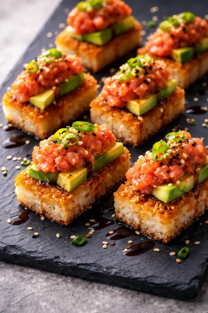 Crispy rice sushi bites with avocado and spicy tuna on slate