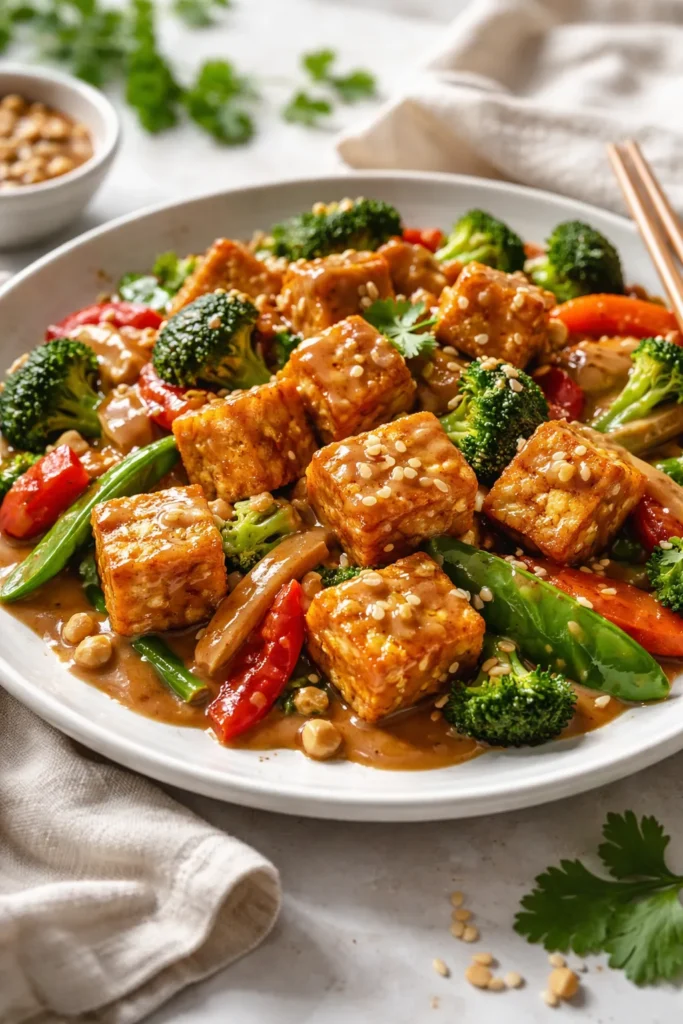 Crispy tofu and colorful vegetables with peanut sauce