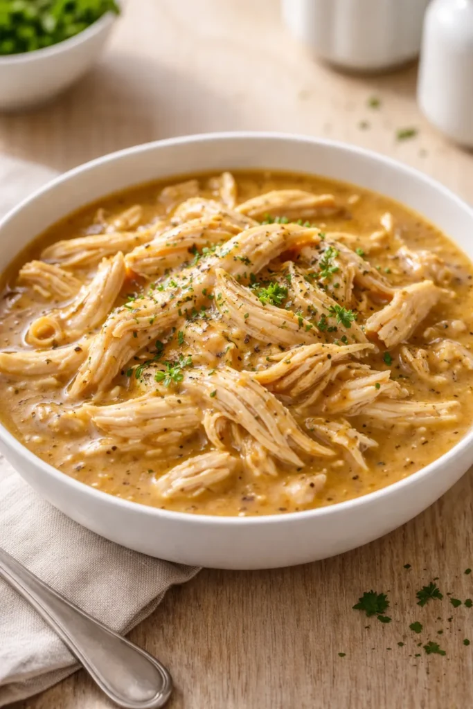 Shredded chicken in golden gravy served in a bowl
