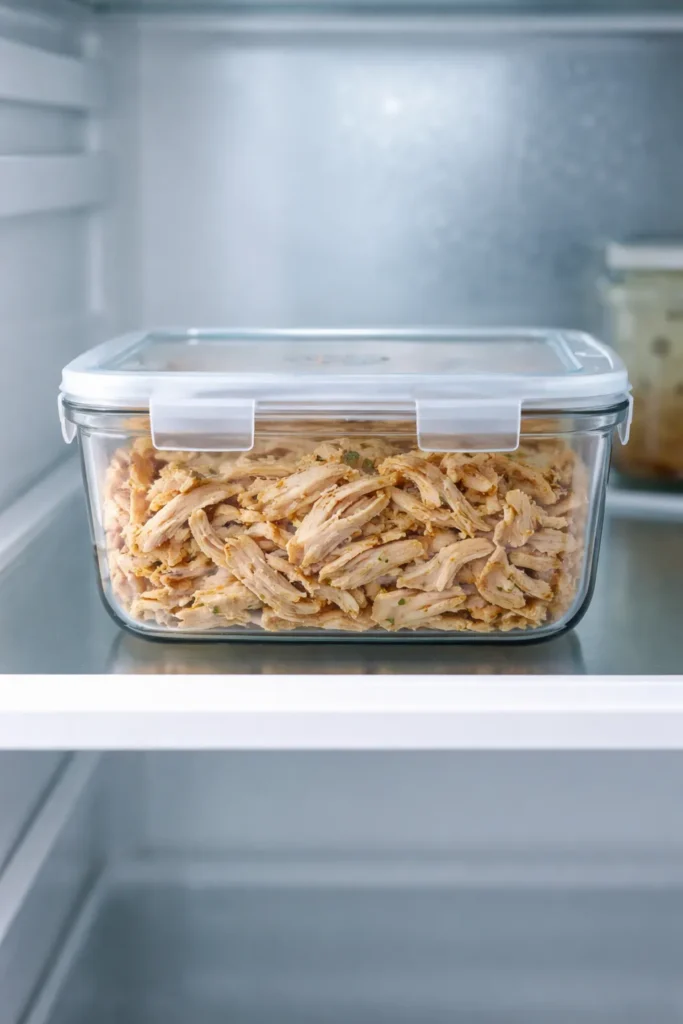 A glass airtight container of shredded crockpot chicken stored in a refrigerator