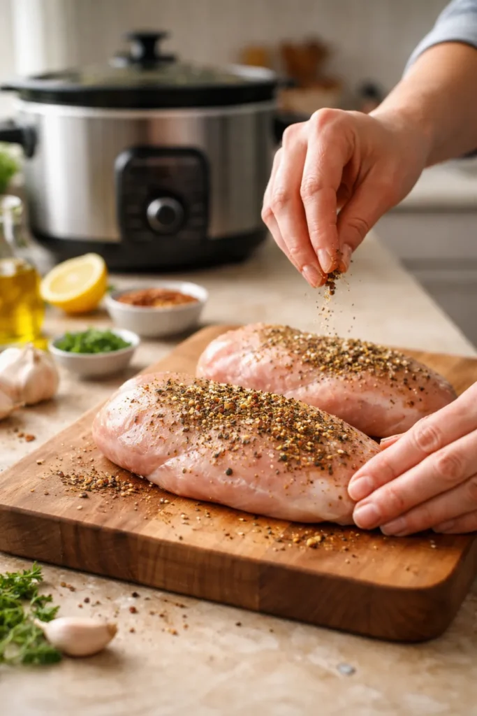 Hands seasoning chicken on cutting board with slow cooker in background