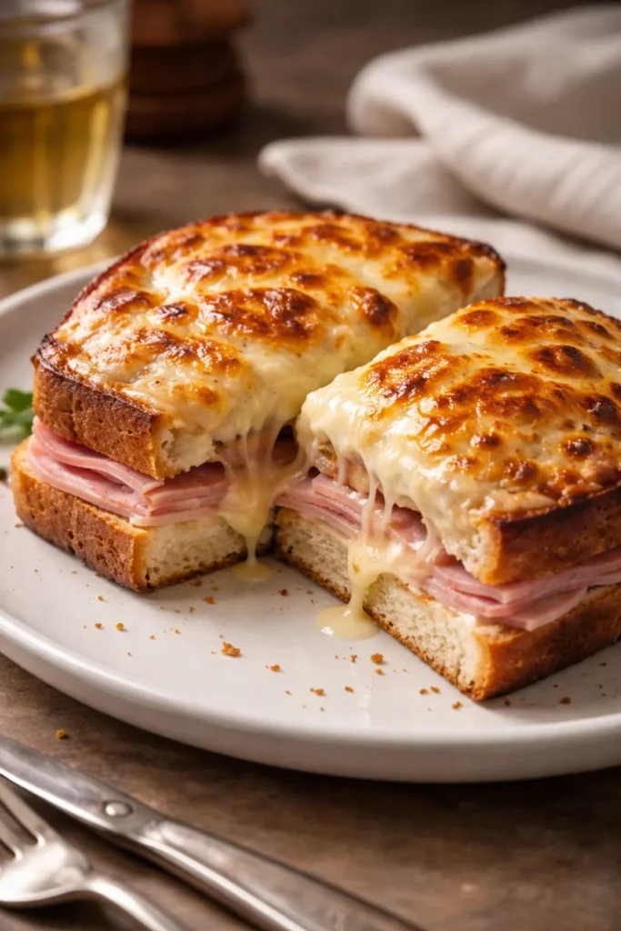 Croque Monsieur sandwich with melted cheese on plate