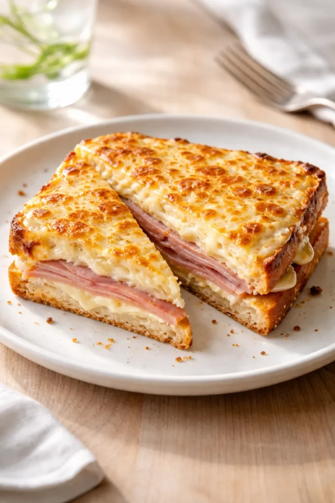 Croque Monsieur sandwich with béchamel and melted cheese on plate